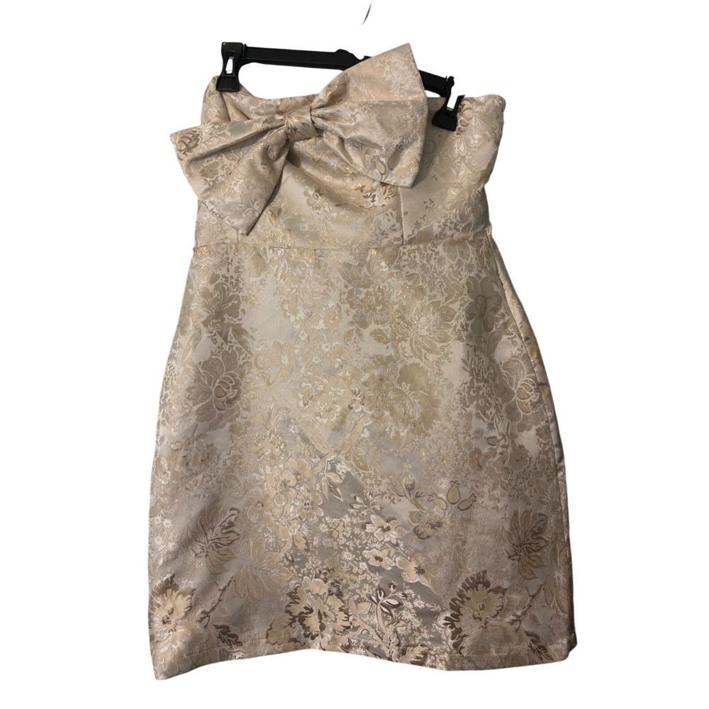 Champagne Gold Floral Brocade Strapless Mini Dress Oversized Bow Detail Sz LG